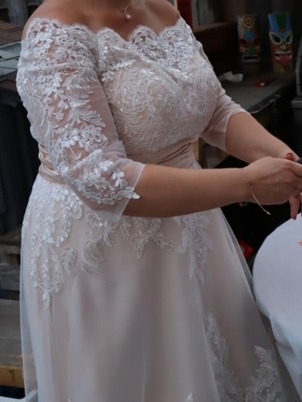 JJs House Blush Off-Shoulder Lace High-Low Gown - Picture 12 of 13
